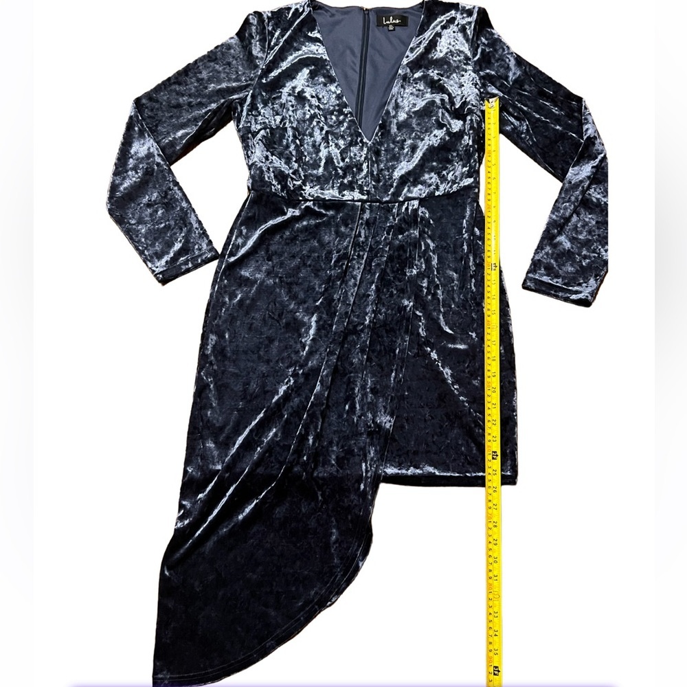 Lulus XL strong ambition slate blue velvet asymmetrical long sleeve dress - Picture 5 of 13